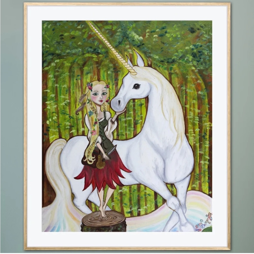 Unexpected Encounter Unicorn Forest Art Print Oil Painting Fantasy Illustration